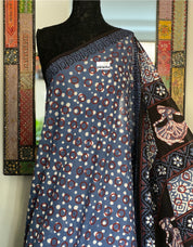 Soft Cotton Ajrakh Saree - Grey Black Maroon Printed