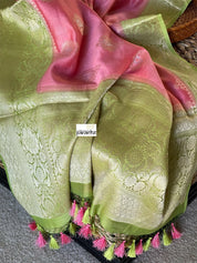 Mulmul Tissue Cotton Banarasi - Pink Green Golden Zari