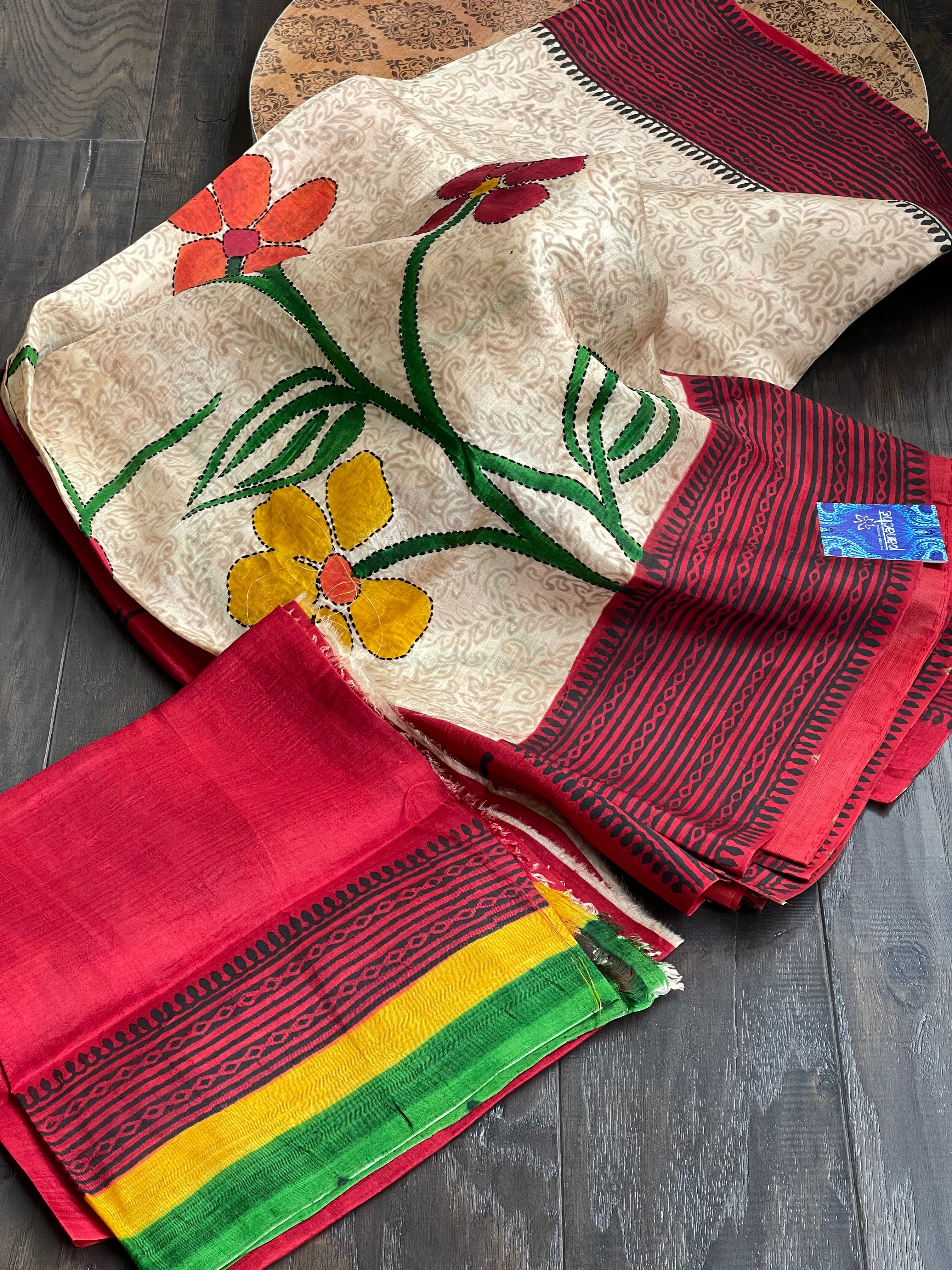 Pure Tussar Silk - Beige Red Black