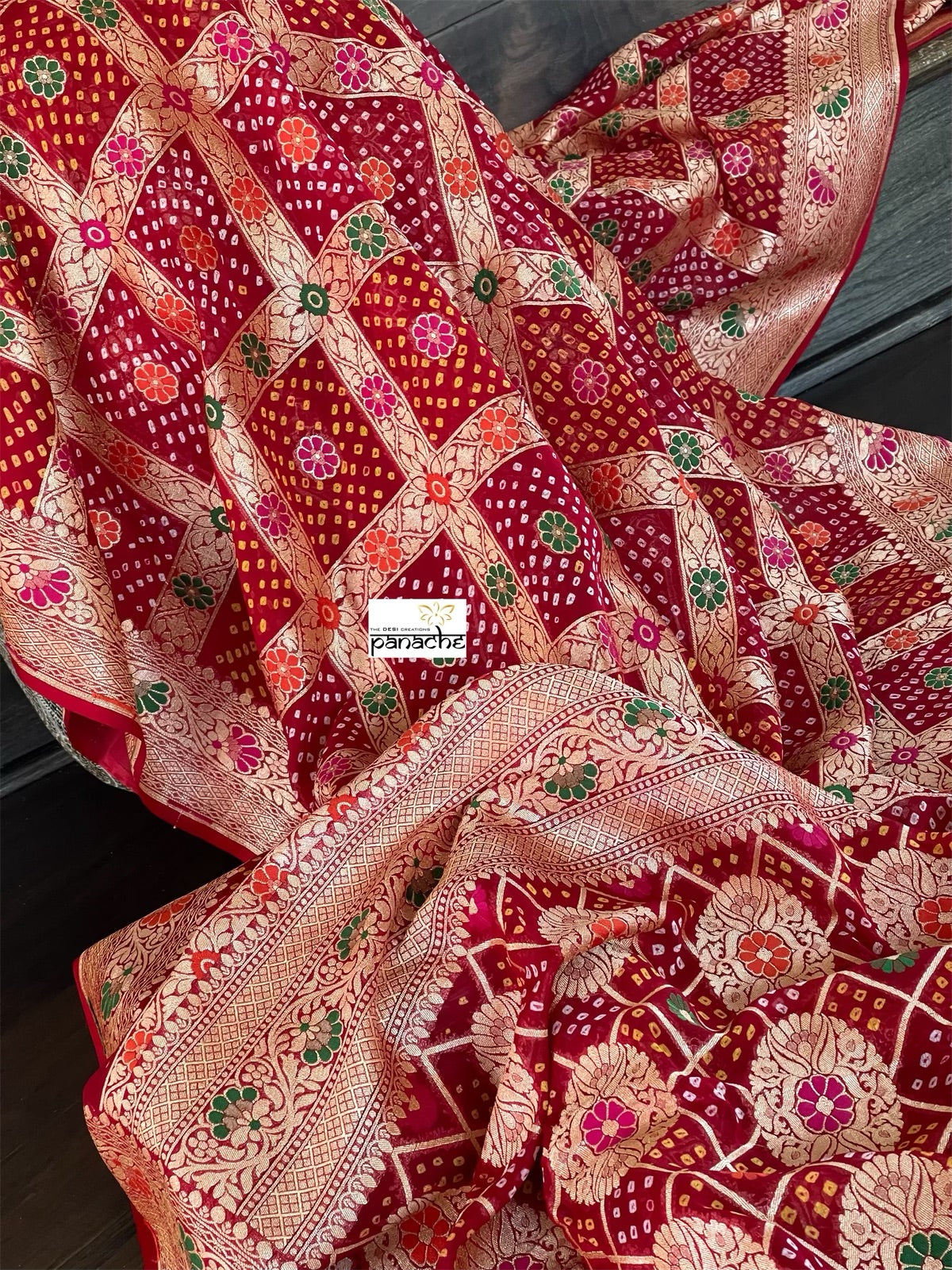 Bandhej Khaddi Georgette Banarasi - Red Gharchola