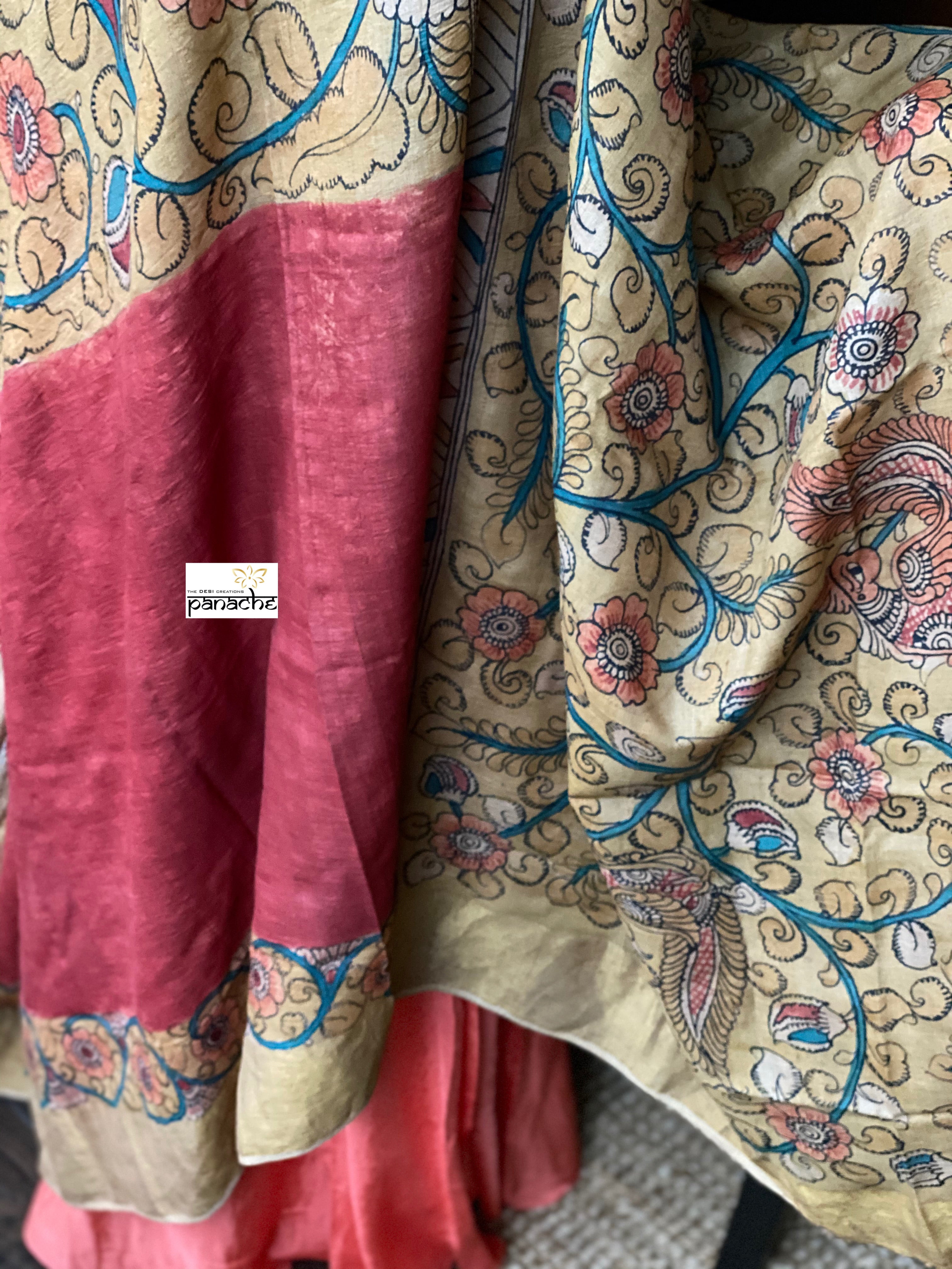 Pen Kalamkari Tussar Silk - Hand-painted Brick Red