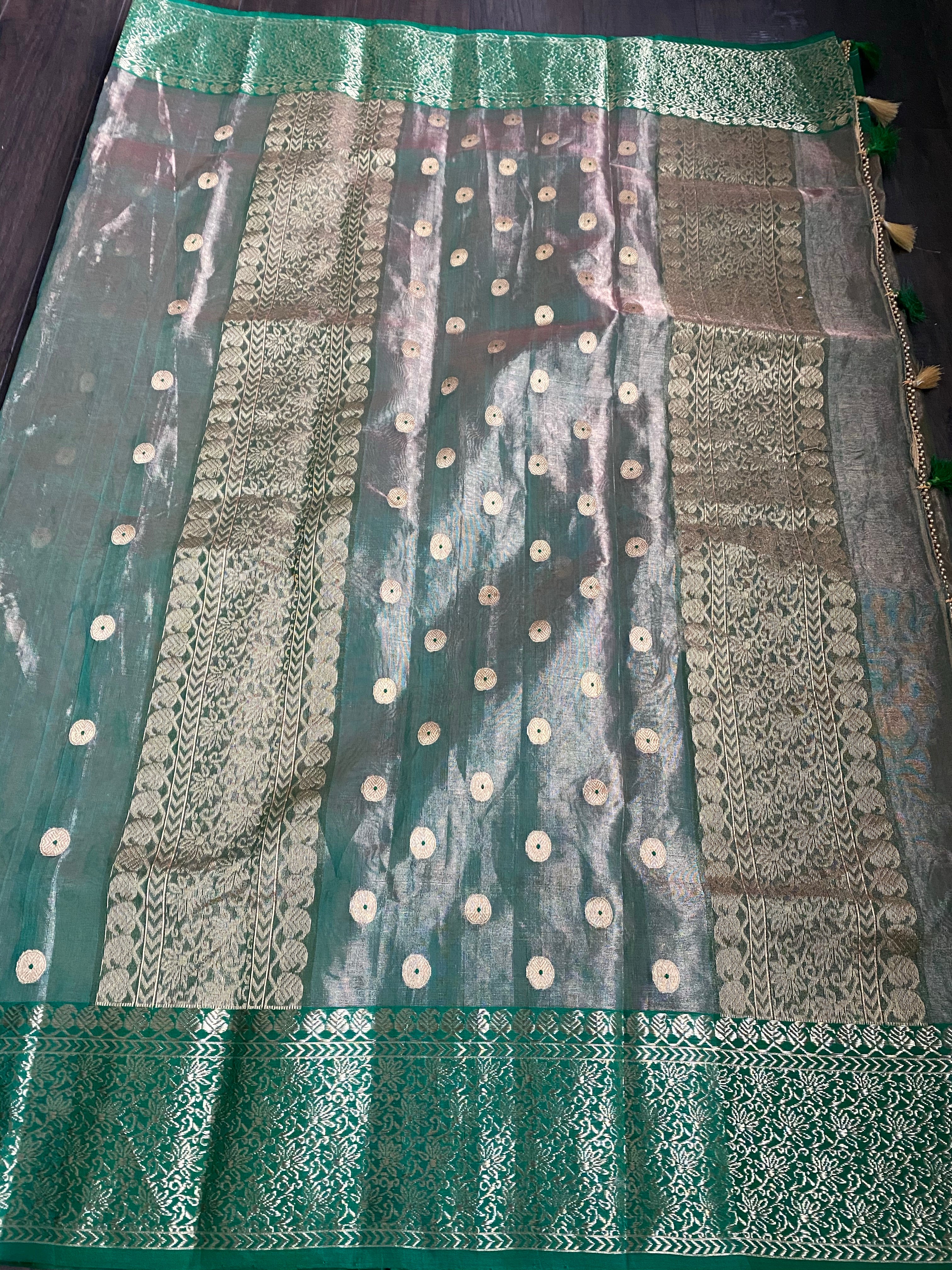 Tissue Chanderi Silk - Green Golden Zari
