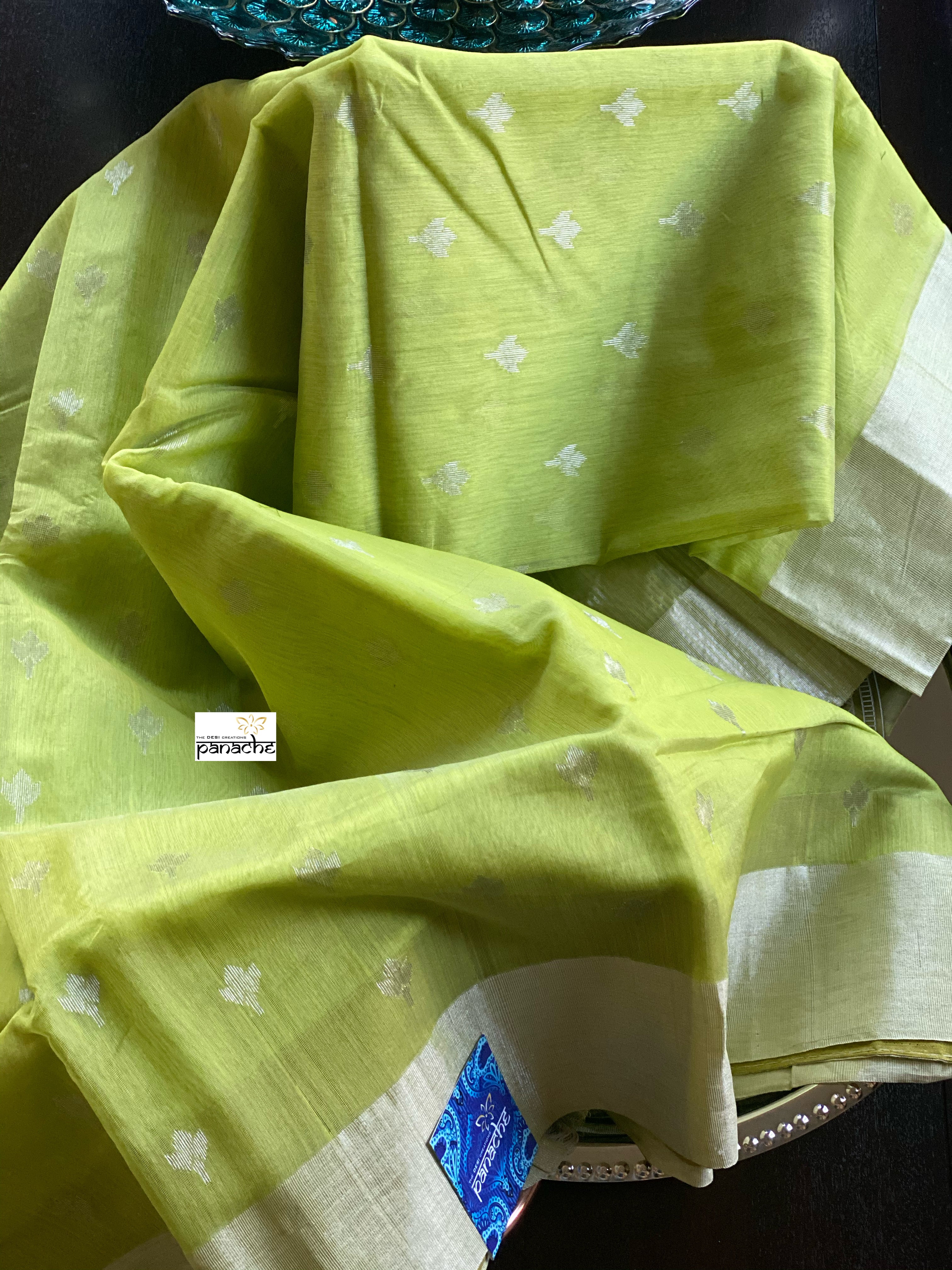Chanderi Silk Cotton - Pista Green Silver Zari
