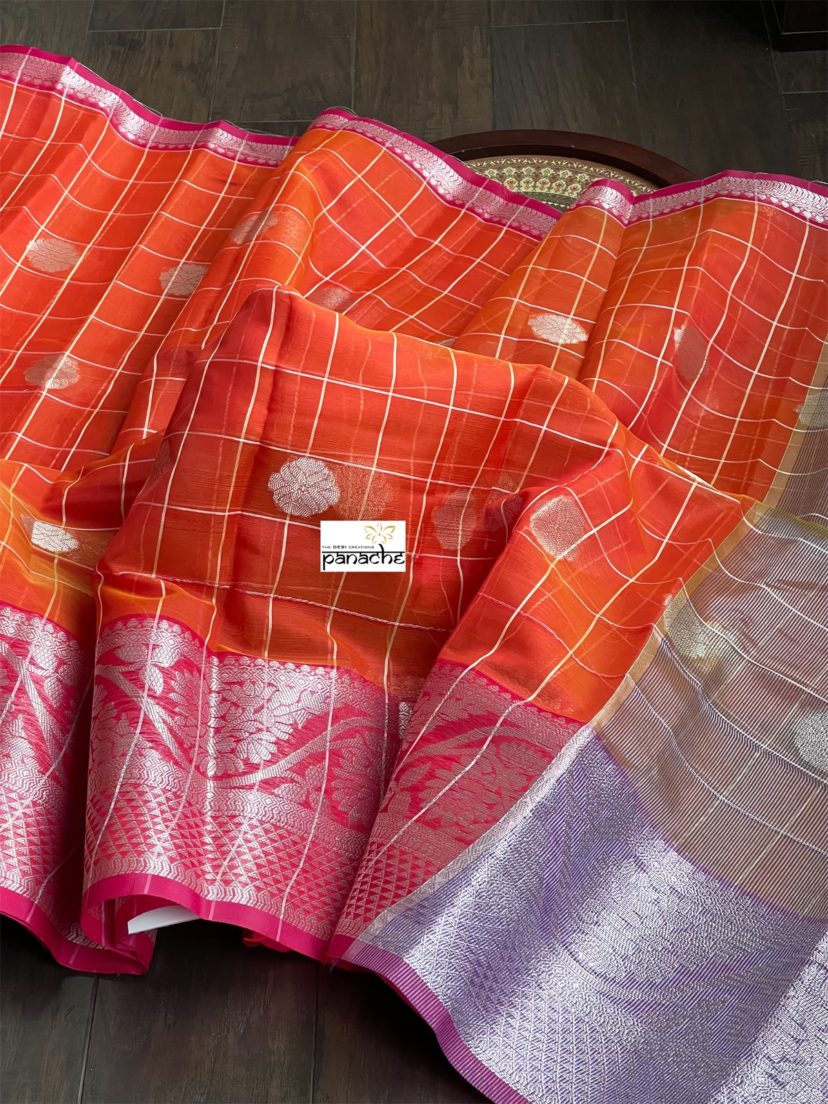 South Cotton Silk - Orange Zari Checkered