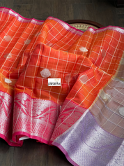 South Cotton Silk - Orange Zari Checkered