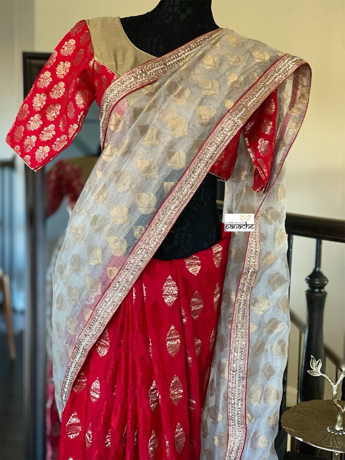 Designer Saree - Golden Tissue Red Soft Silk Half Half