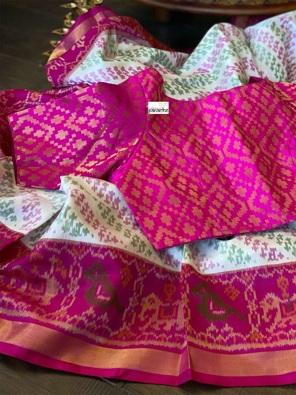 Pure Silk Ikat -  Offwhite Green Magenta