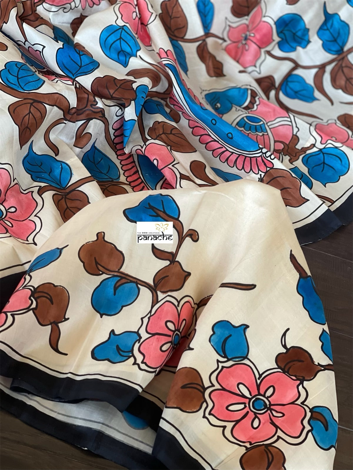 Pure Bishnupur Silk -  Ivory Pink Blue Pen-Kalamkari