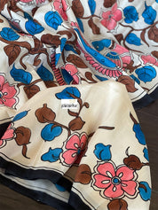 Pure Bishnupur Silk -  Ivory Pink Blue Pen-Kalamkari