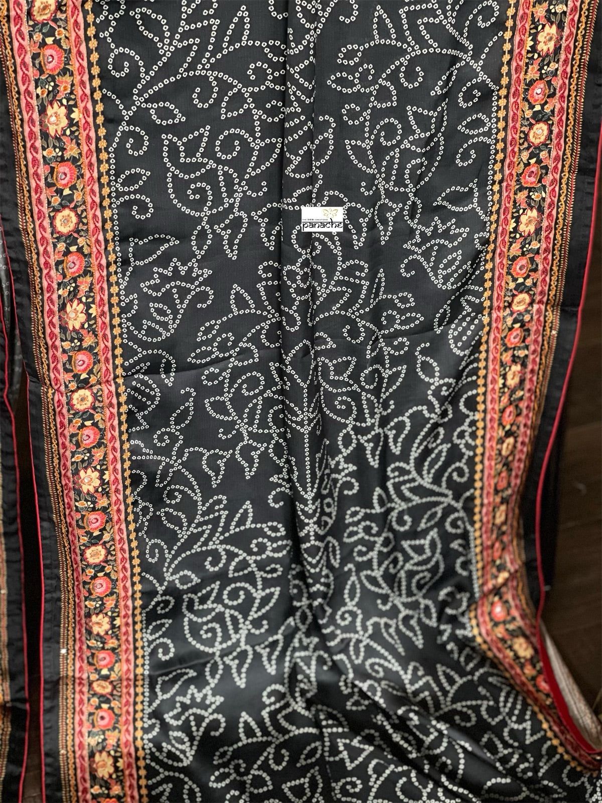 Satin Maslin Designer Inspired Drape - Black Bandhej Printed
