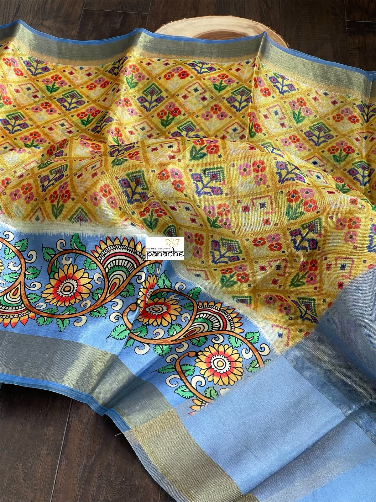 Tissue Kota Silk Printed - Yellow Blue