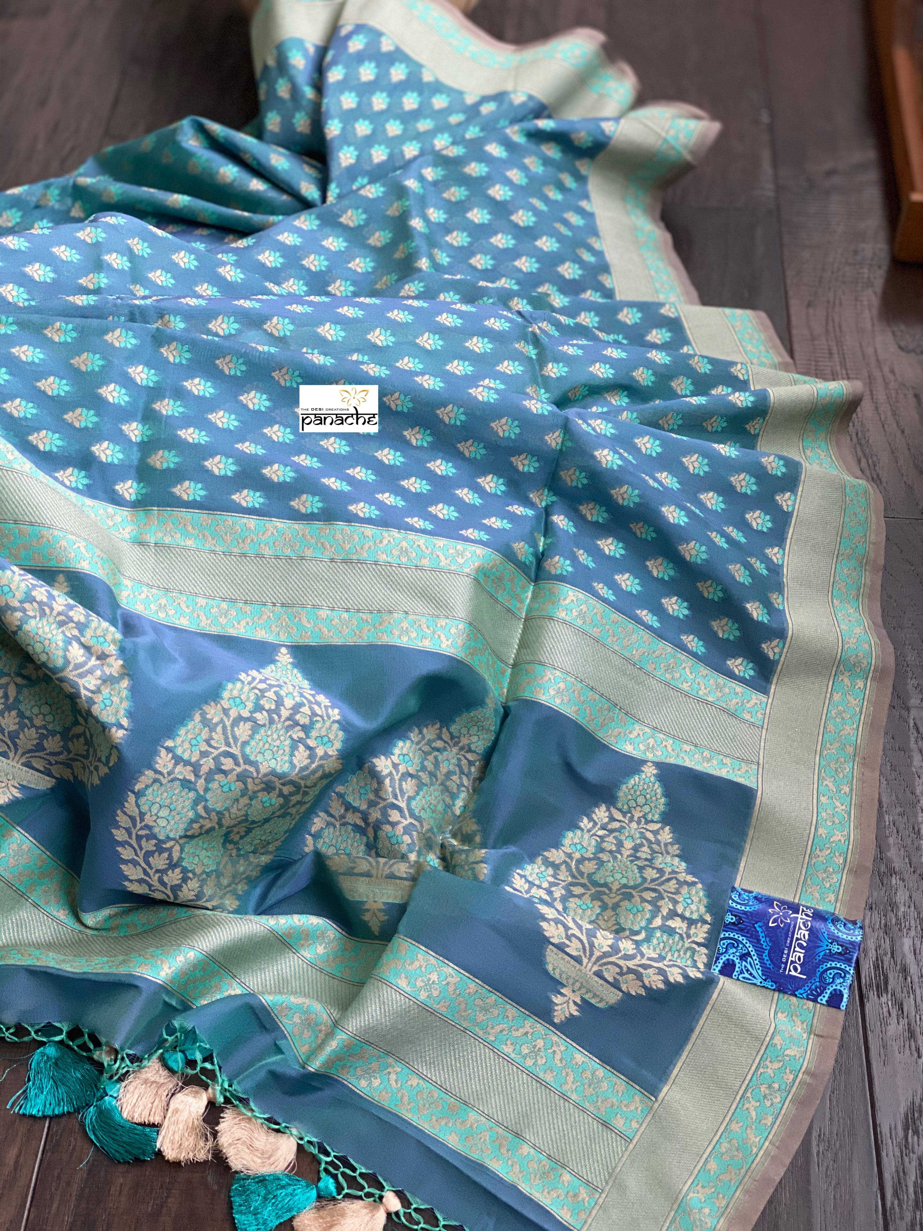 Silk Cotton Jamdaani Kora Banarasi - Blue Grey Resham Woven