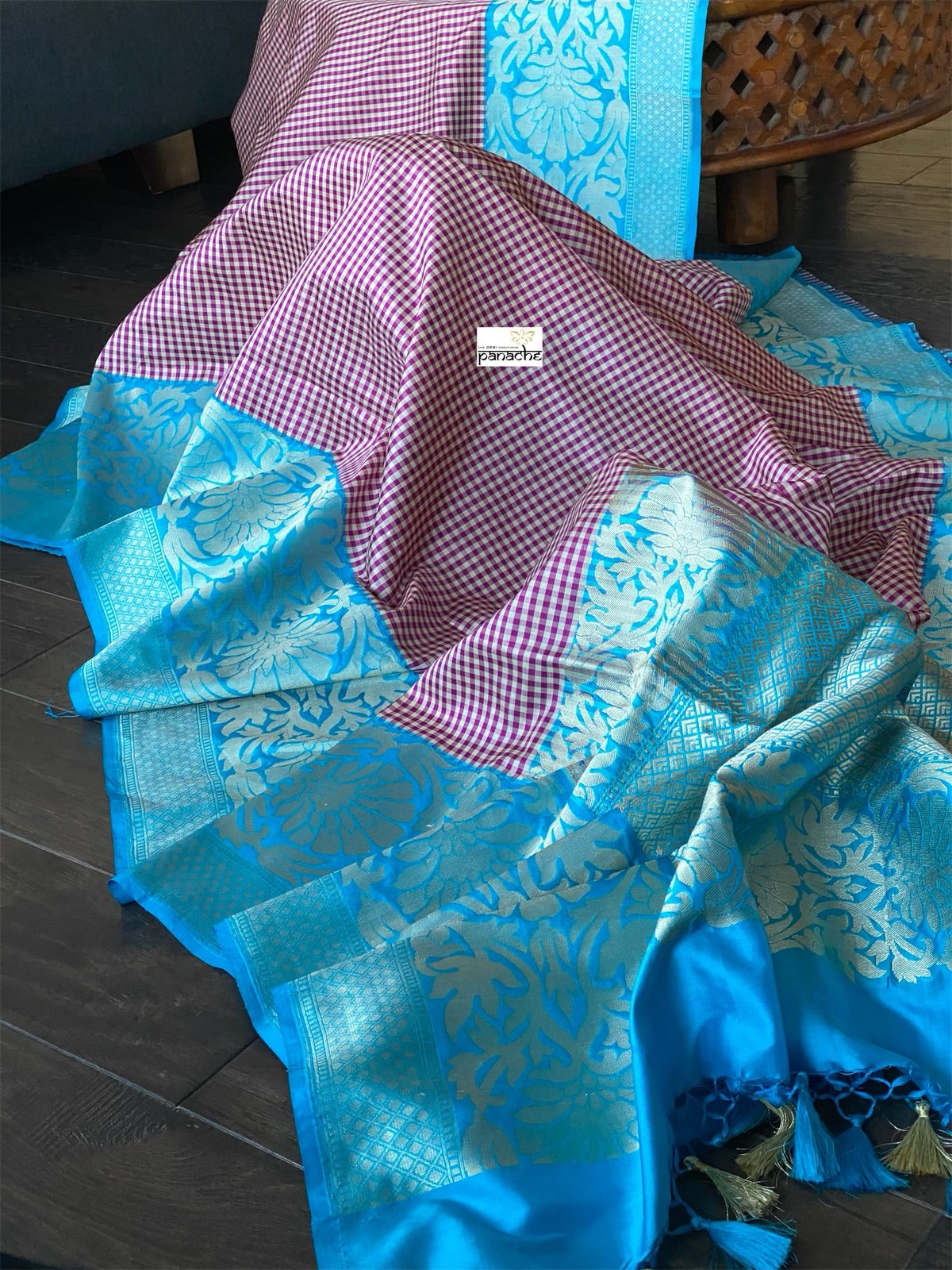 Katan Silk Banarasi - Off-white Purple Checks