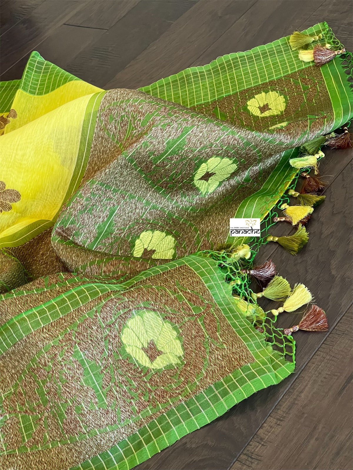 Linen Silk Banarasi - Yellow Green Antique Lotus