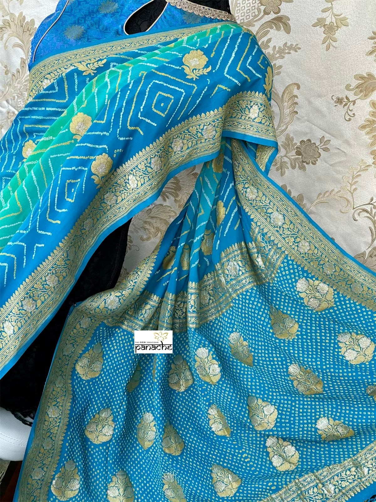 Bandhej Khaddi Georgette Banarasi - Firozi Sea Green Kadwa