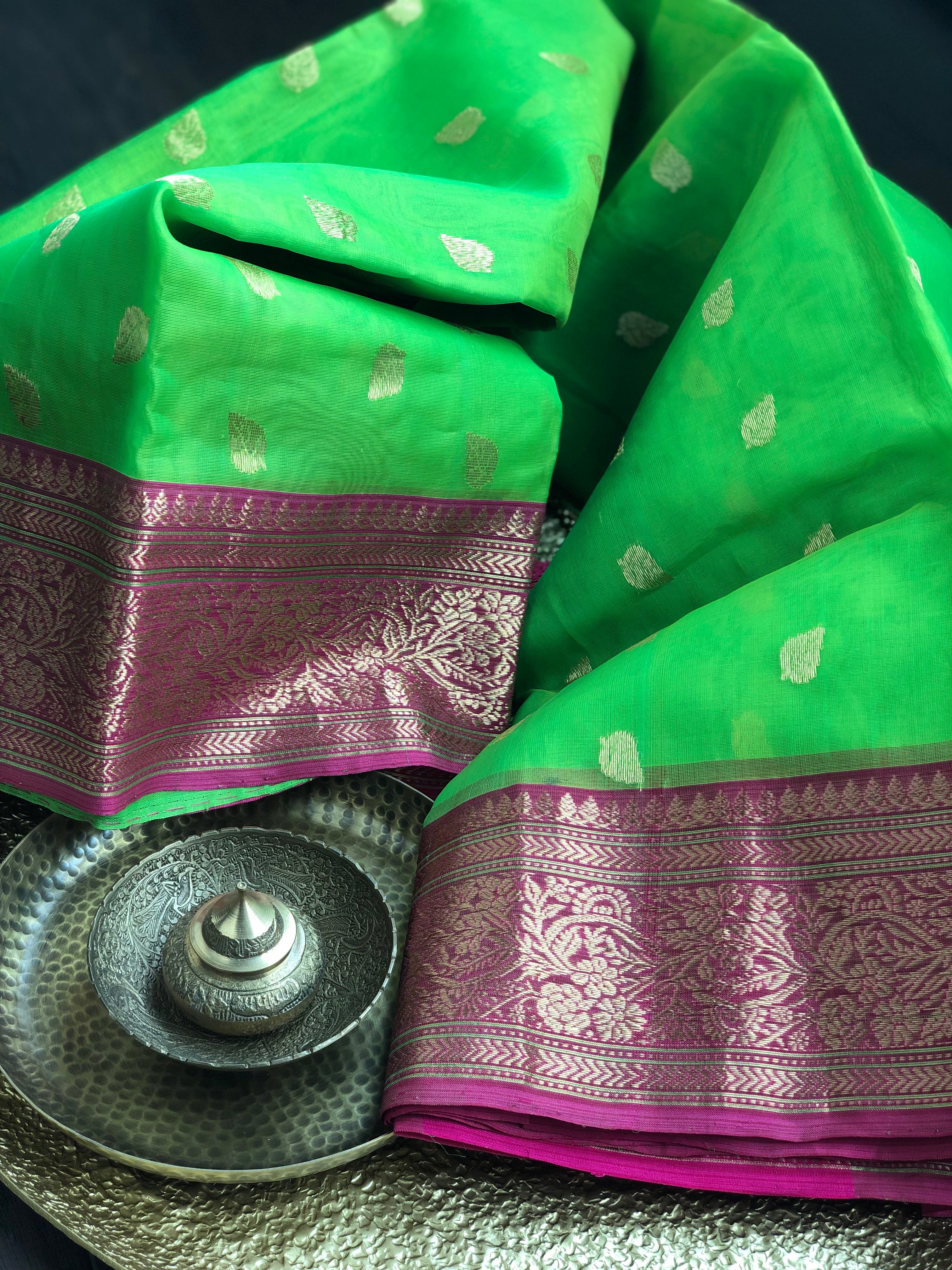 Pure Chanderi Katan Silk - Green Magenta