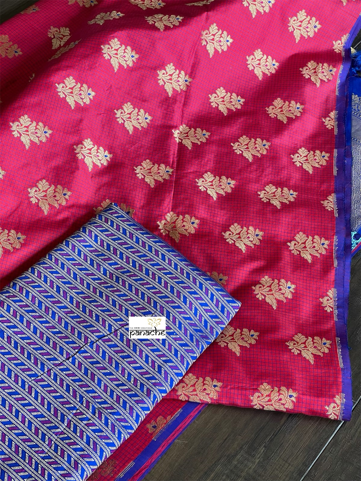 Pure Katan Silk Checkered Banarasi - Pink Royal Blue woven