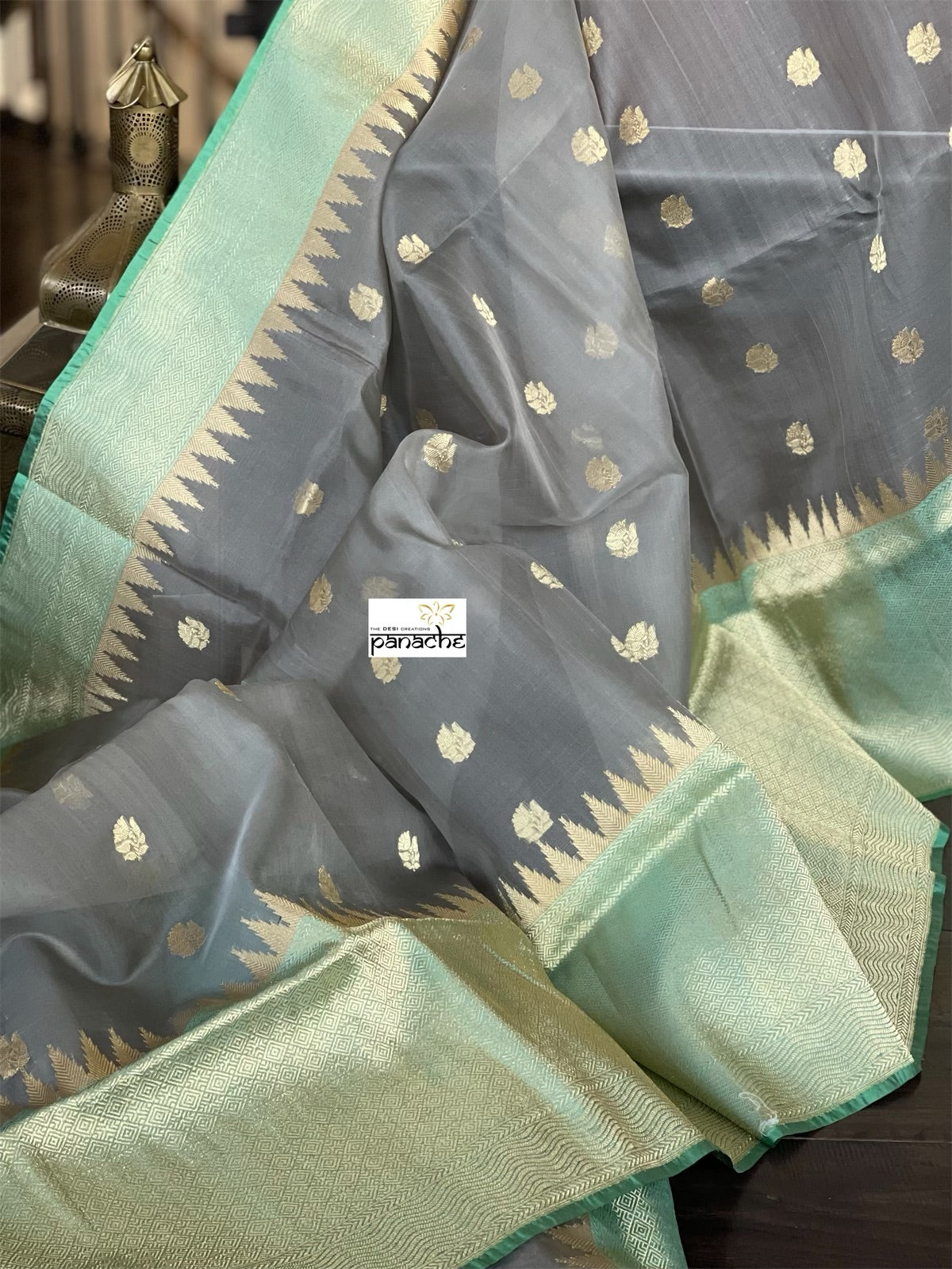 Organza Silk Banarasi - Grey Sea Green Kadwa Motifs