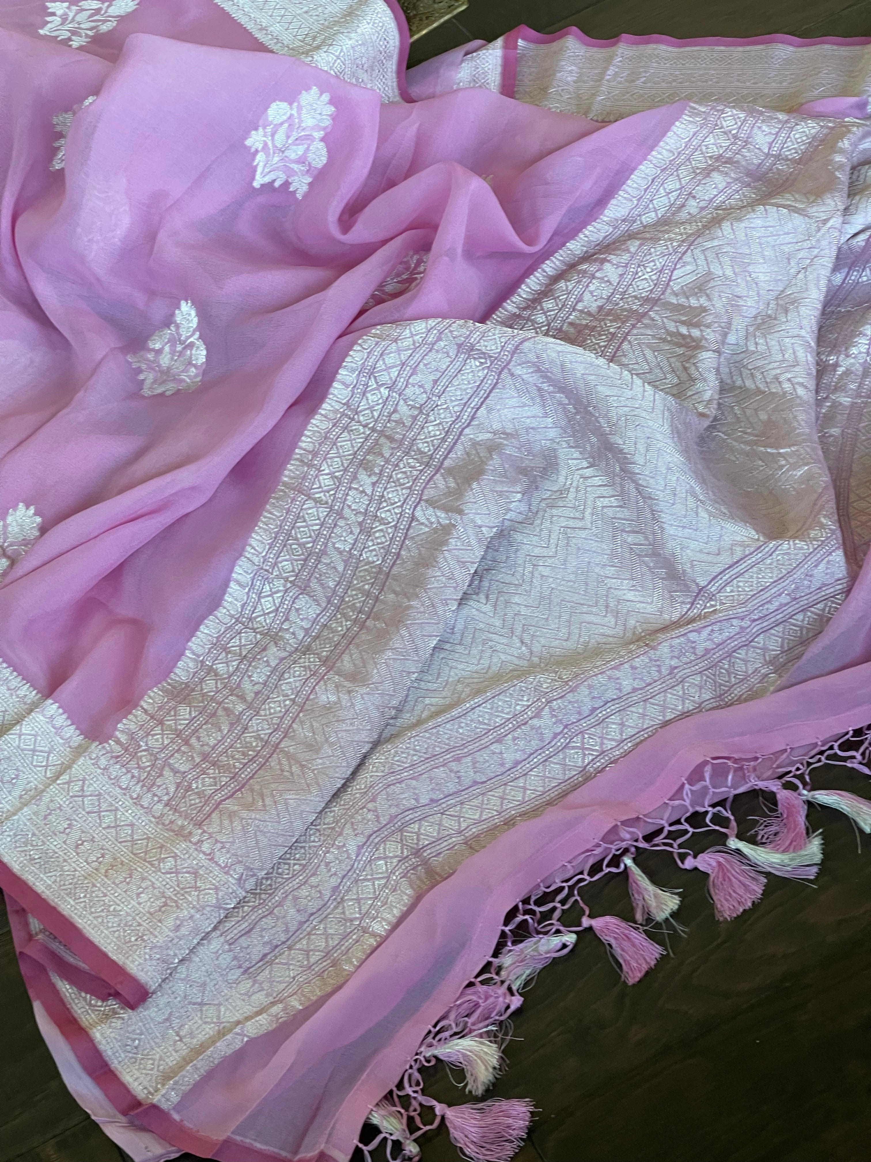 Khaddi Georgette Silk Banarasi - Pink Khadhua Woven