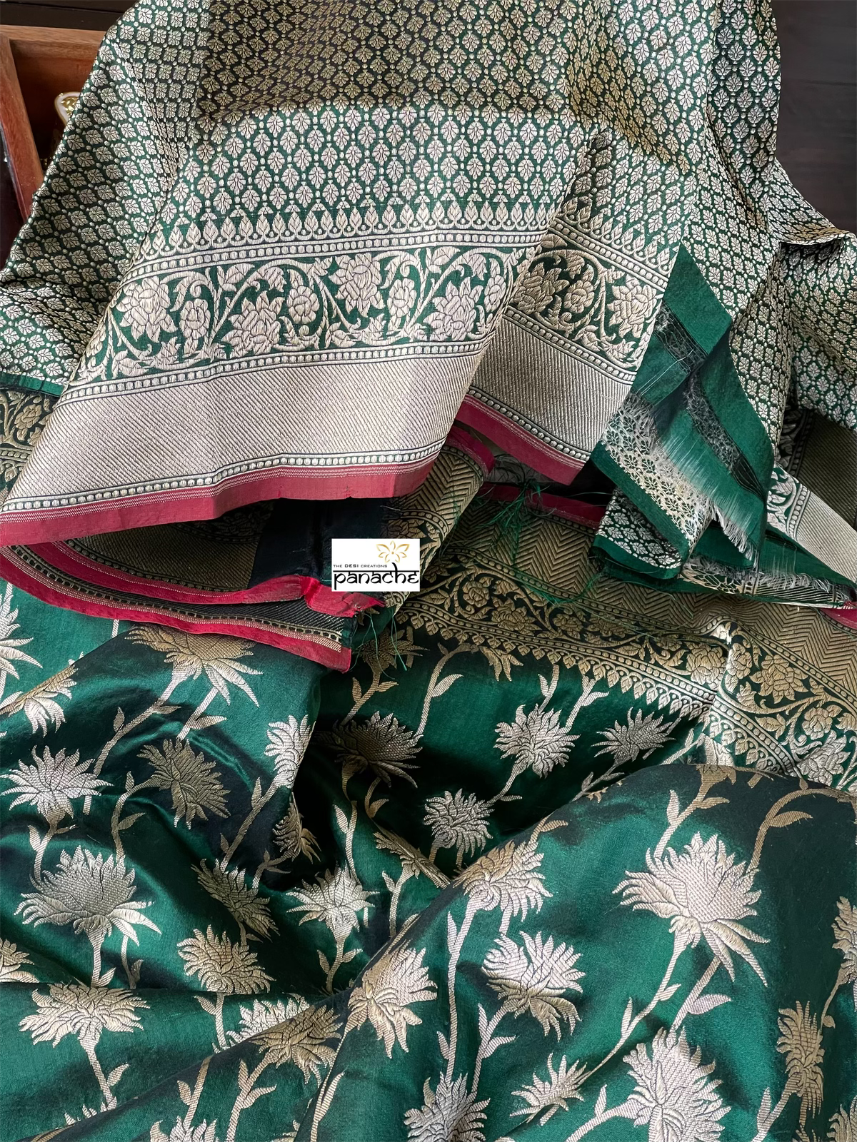 Pure Silk Banarasi - Green Red Antique Golden Zari