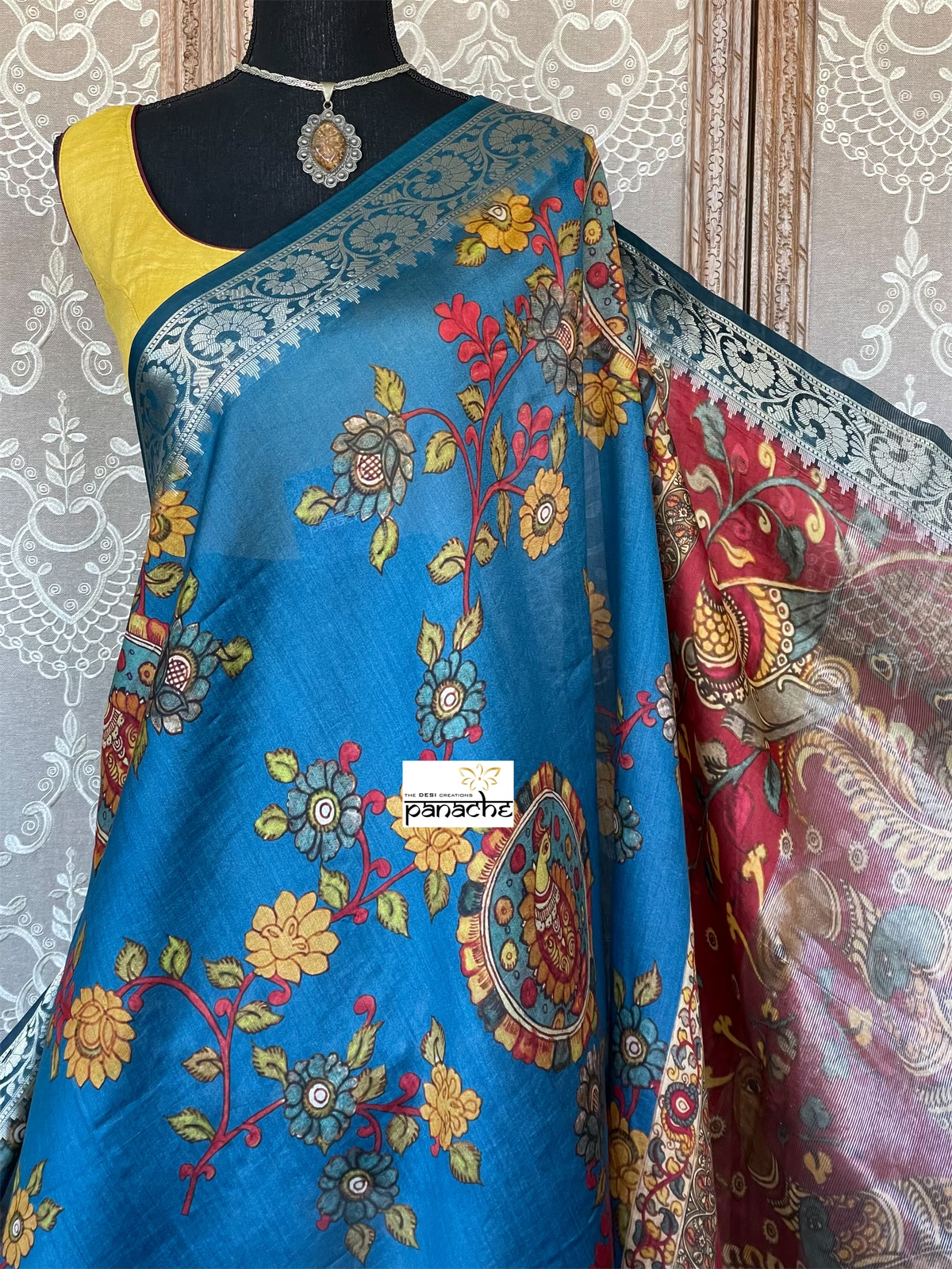 Chiniya Silk Banarasi - Blue Kalamkari Printed