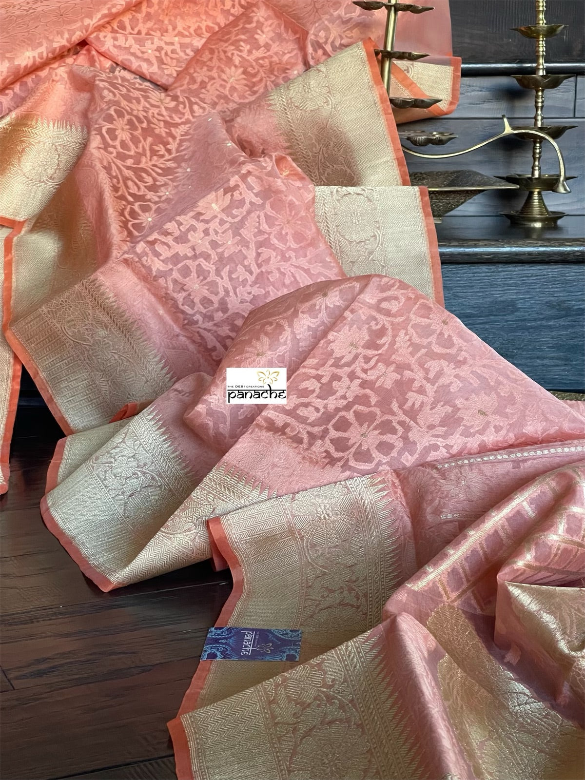 Organza Silk Jamdani Banarasi - Peach Kadwa