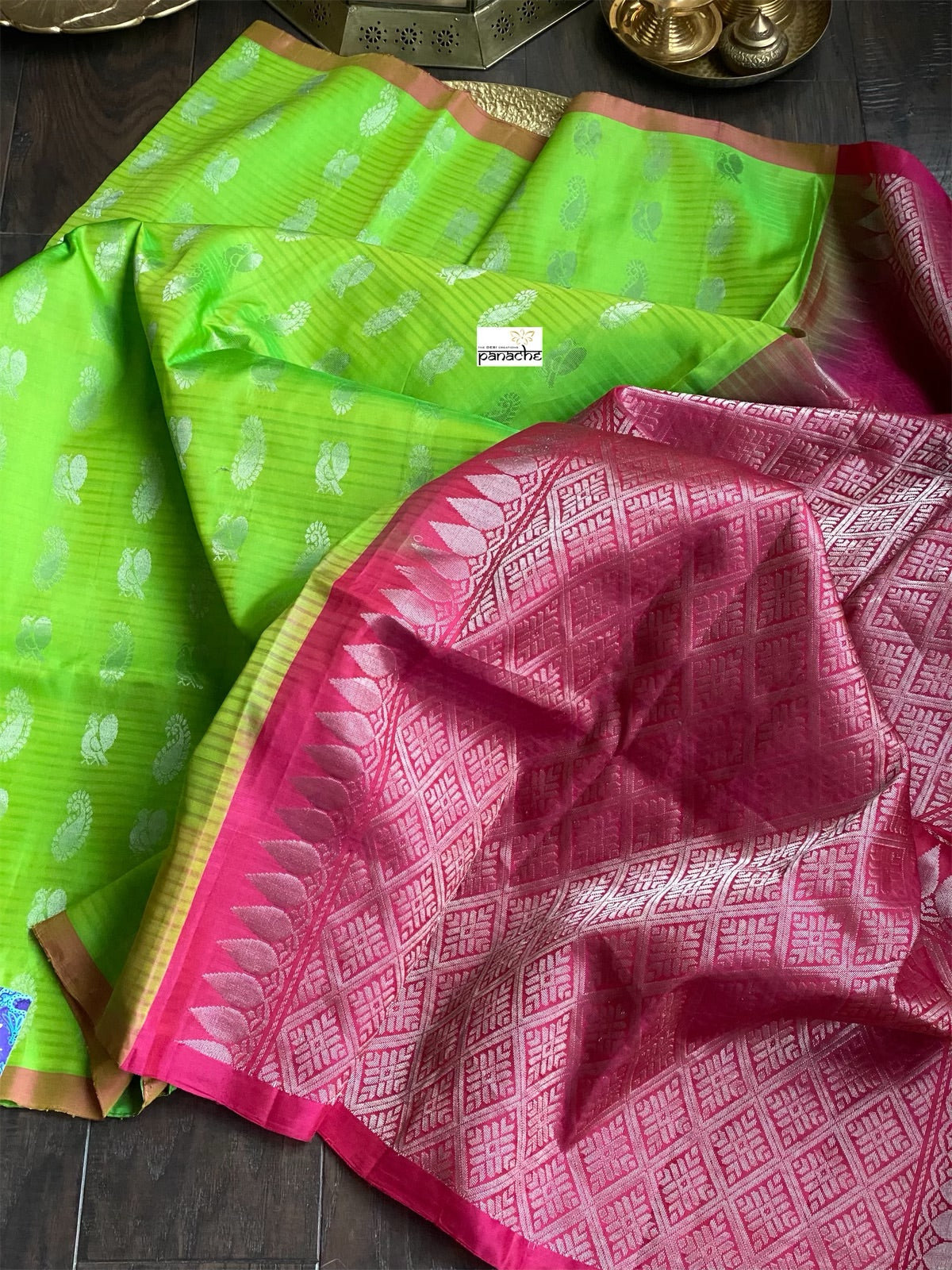 Silk Kanjivaram - Parrot Green Silver Zari