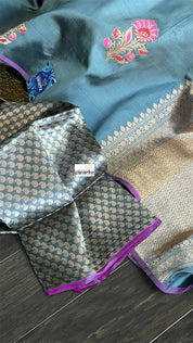 Pure Katan Silk Banarasi - Bluish Grey Purple