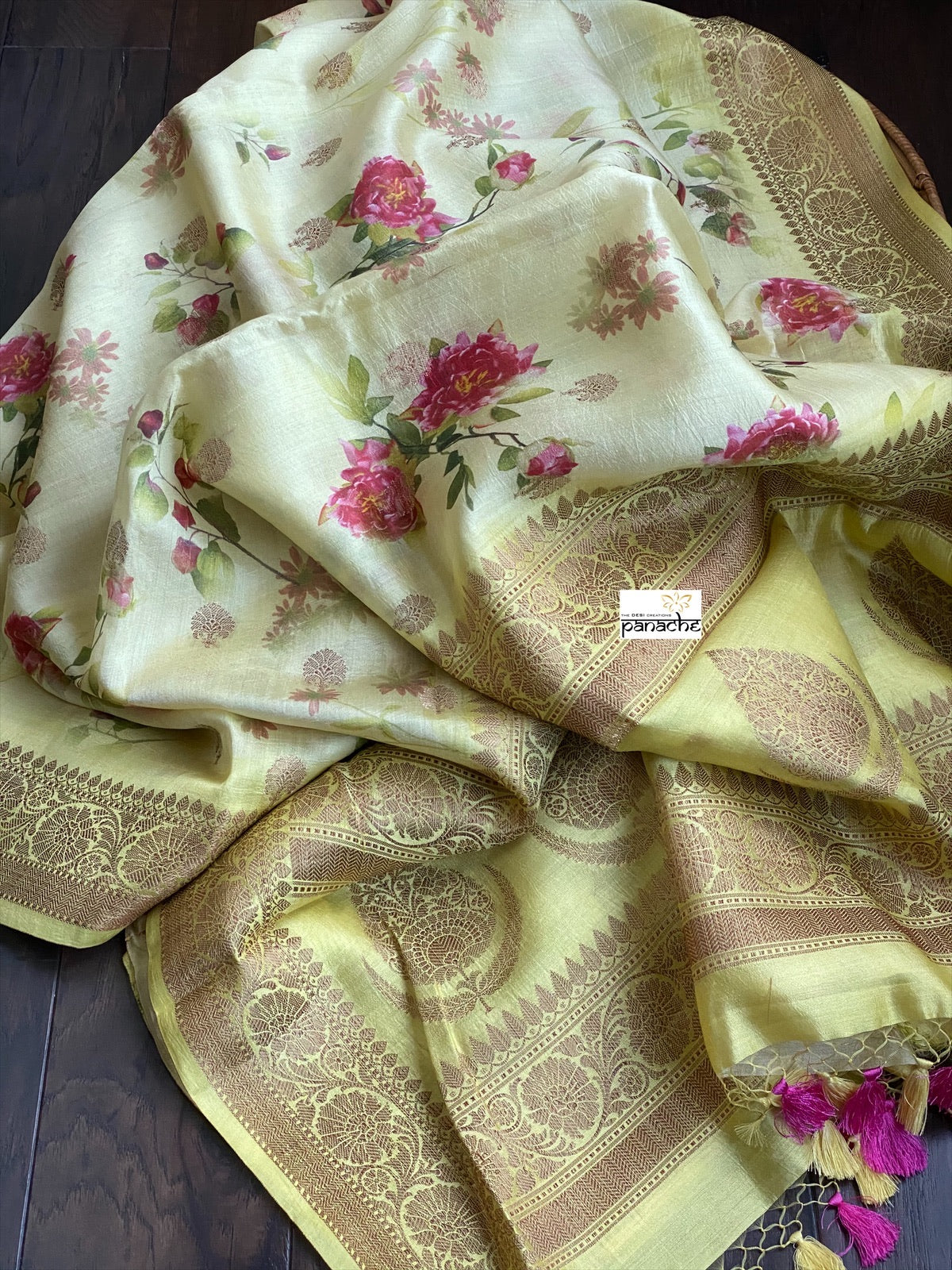Chiniya Silk Banarasi Floral - Lemon Yellow Golden Zari