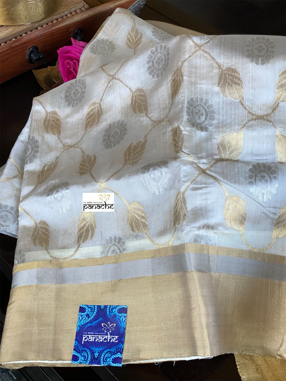 Pure Chanderi Pattu Silk - Off White Jaal woven