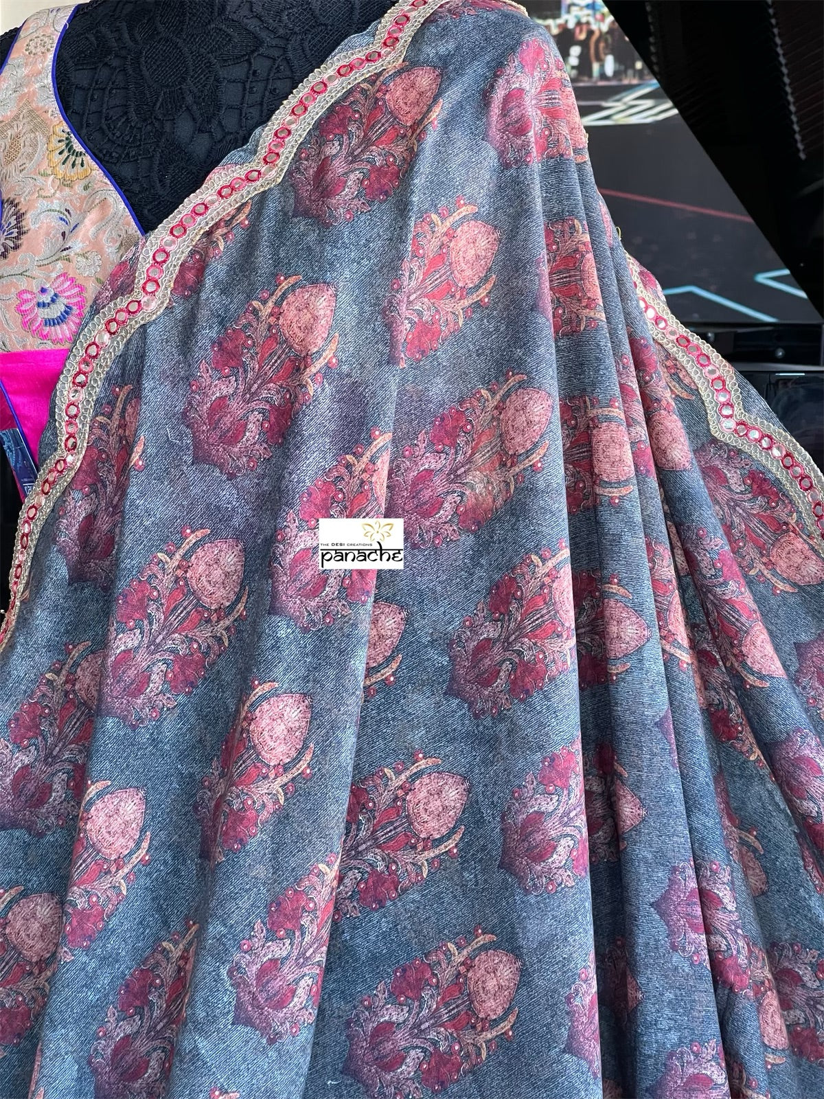 Designer Jute Silk - Grey Orange Printed