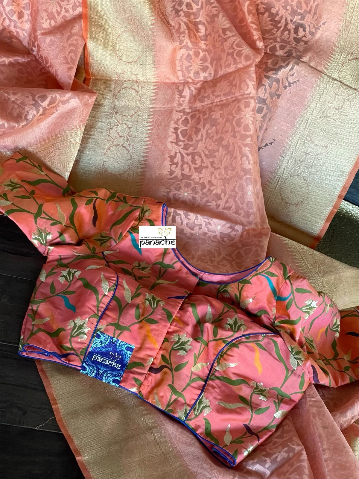 Organza Silk Jamdani Banarasi - Peach Kadwa