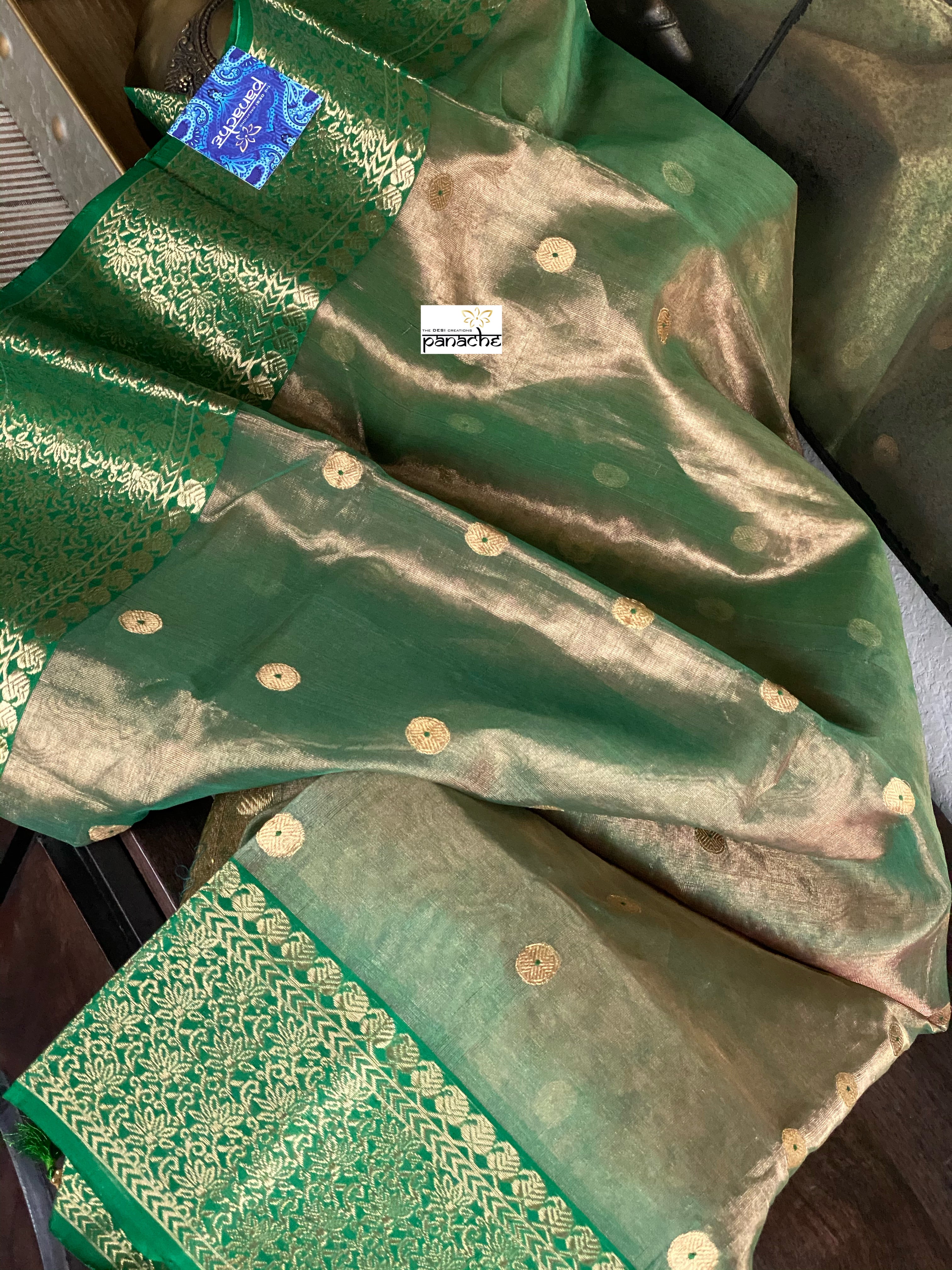 Tissue Chanderi Silk - Green Golden Zari