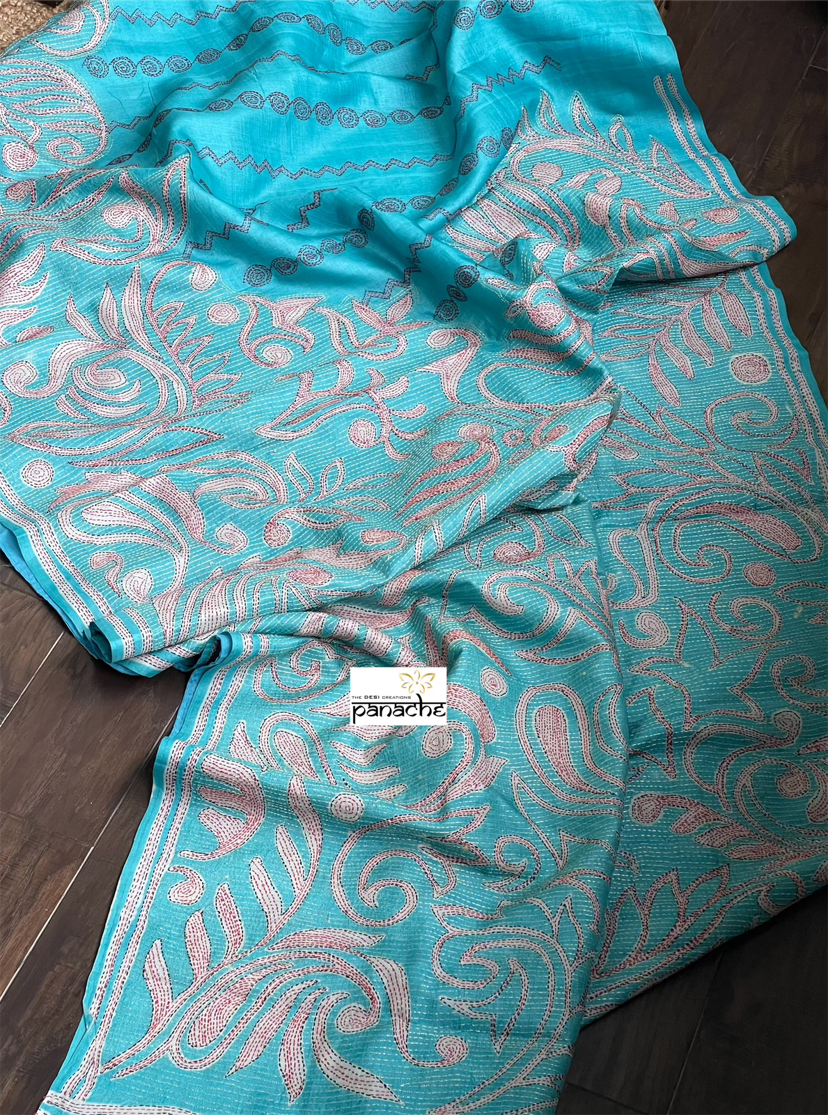 Tussar Silk Kantha Stitch -  Firozi