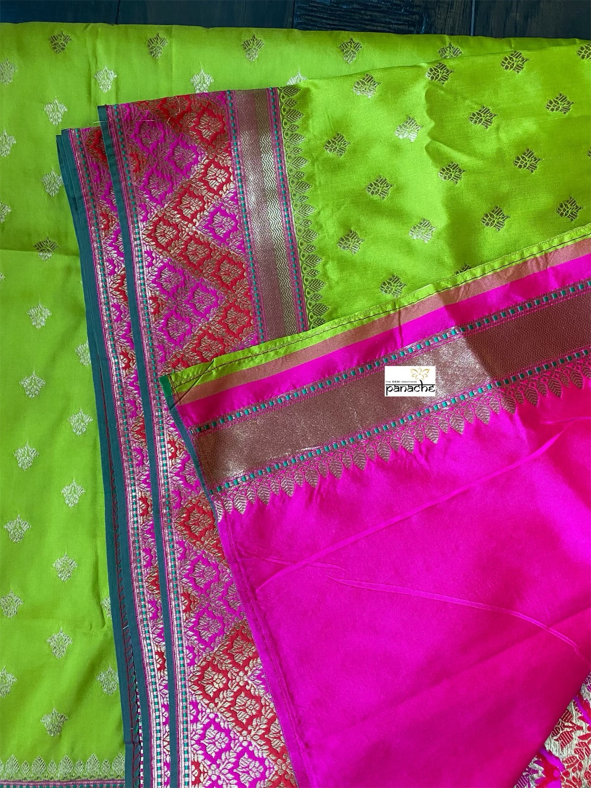 Soft Silk Banarasi - Lime Green Magenta Antique Golden Zari
