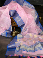 Pure Chanderi Organza Silk - Baby Pink Blue Eknaliya