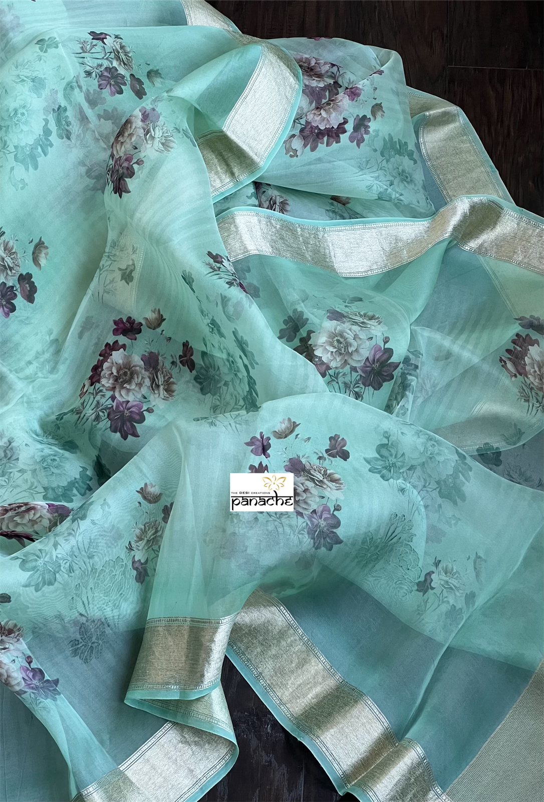 Banarasi Organza Floral - Mint Antique Golden Zari