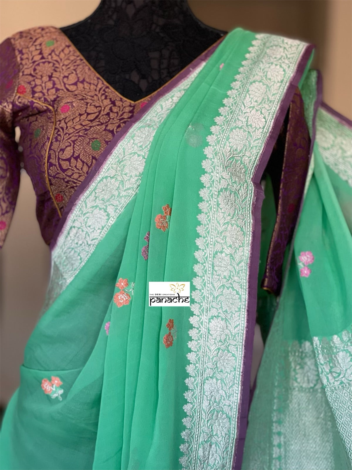 Khaddi Georgette Banarasi - Green Purple Khadhua Woven