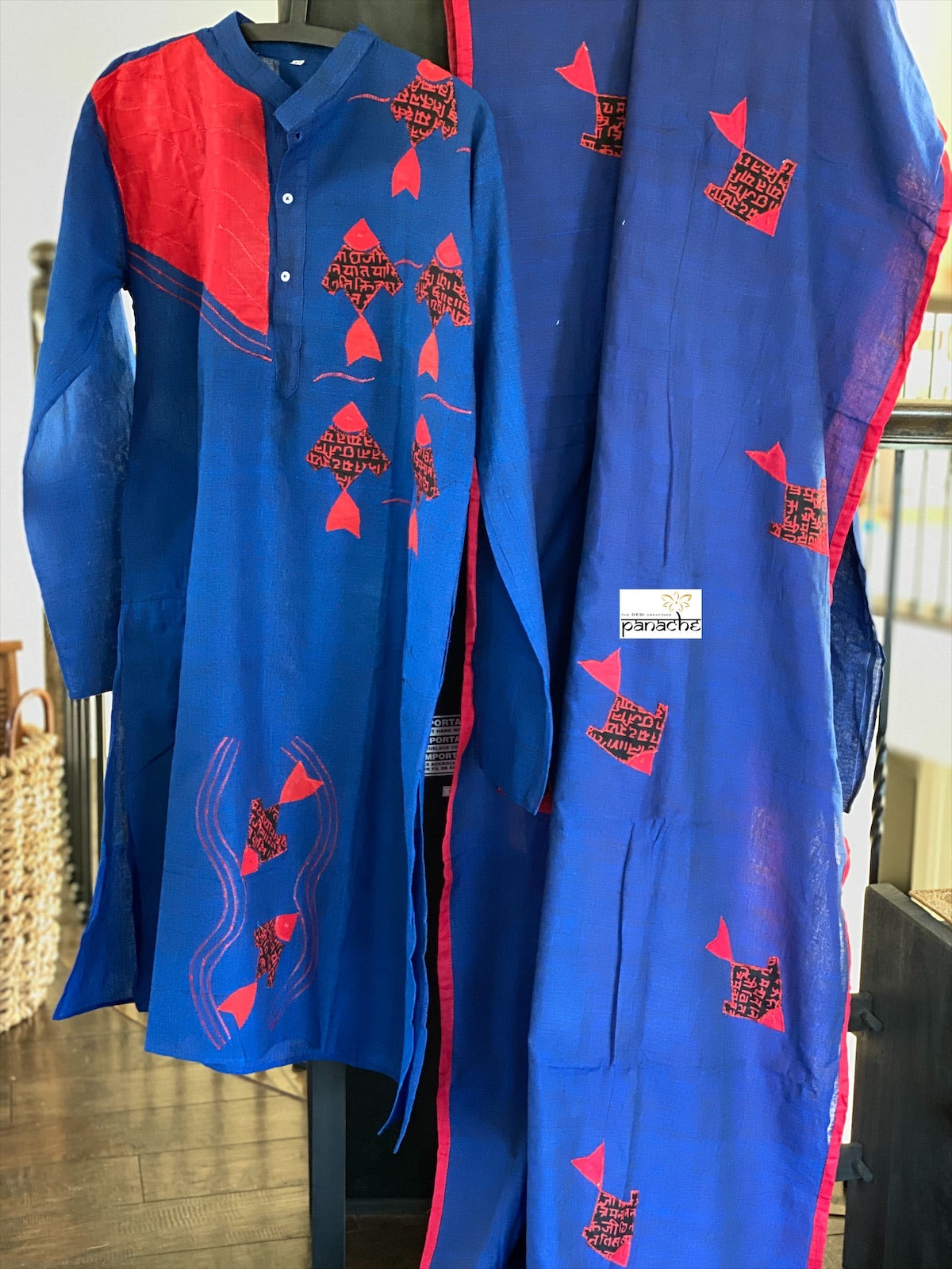 Khadi Cotton Saree Kurta Pair - Royal Blue Red