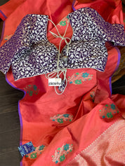 Katan Silk Banarasi - Red Orange Meenakari