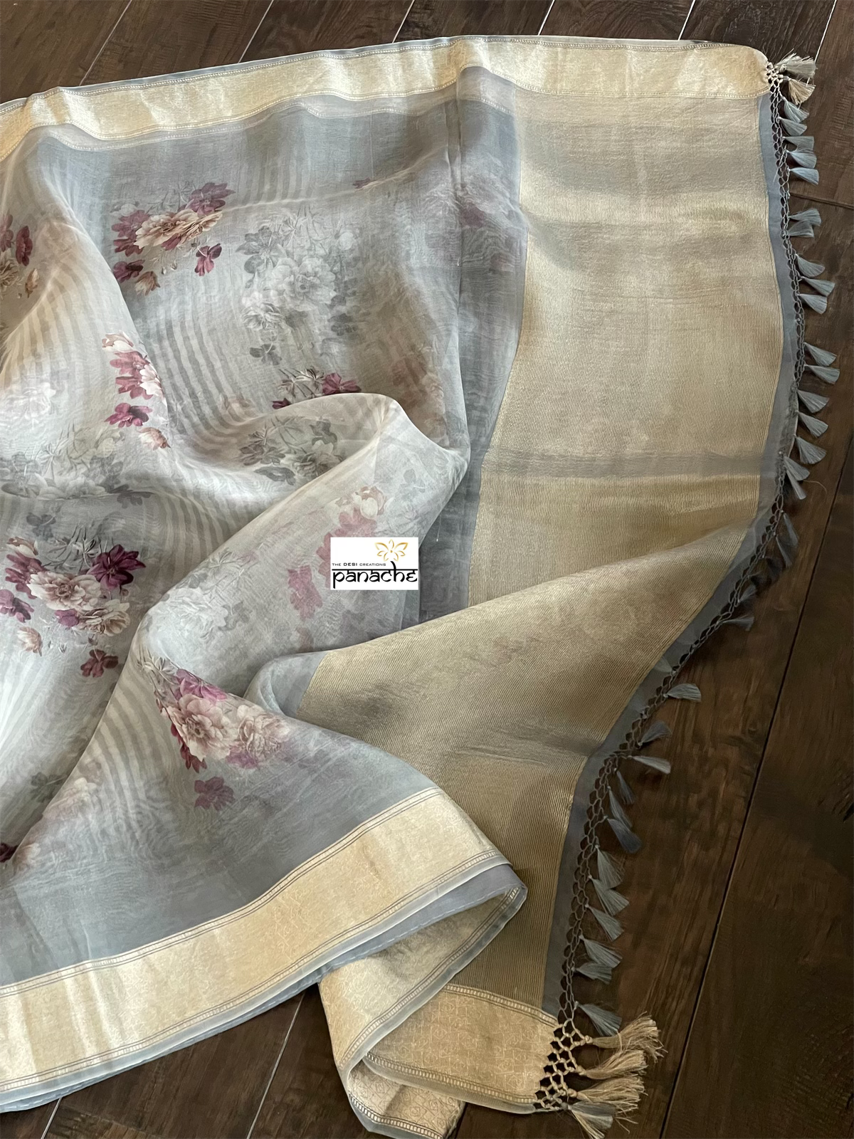Banarasi Organza Floral - Grey Antique Golden Zari