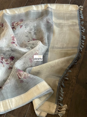 Banarasi Organza Floral - Grey Antique Golden Zari