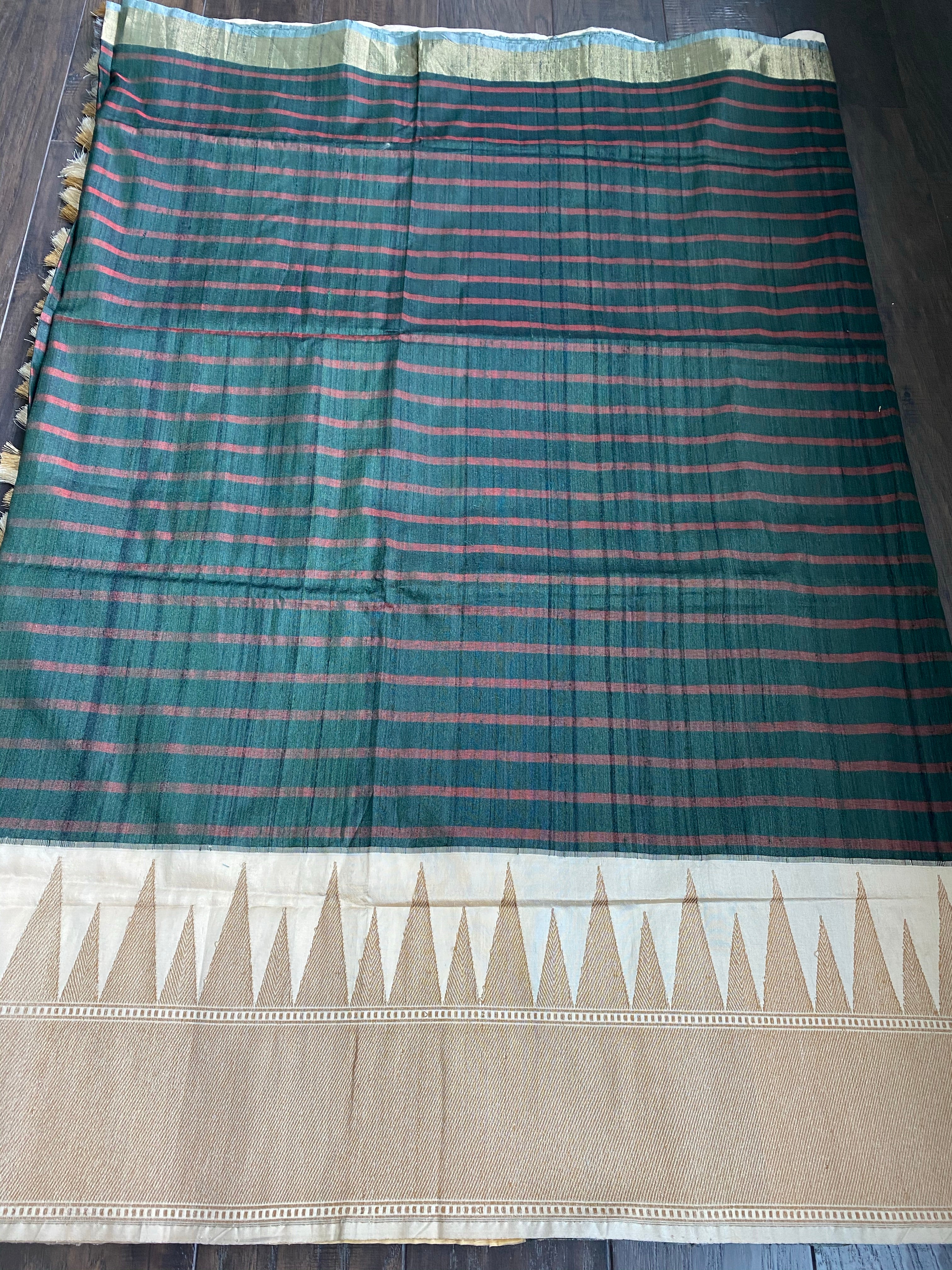 Pure Tassur Silk Banarasi - Dark Black Avocado Green Striped