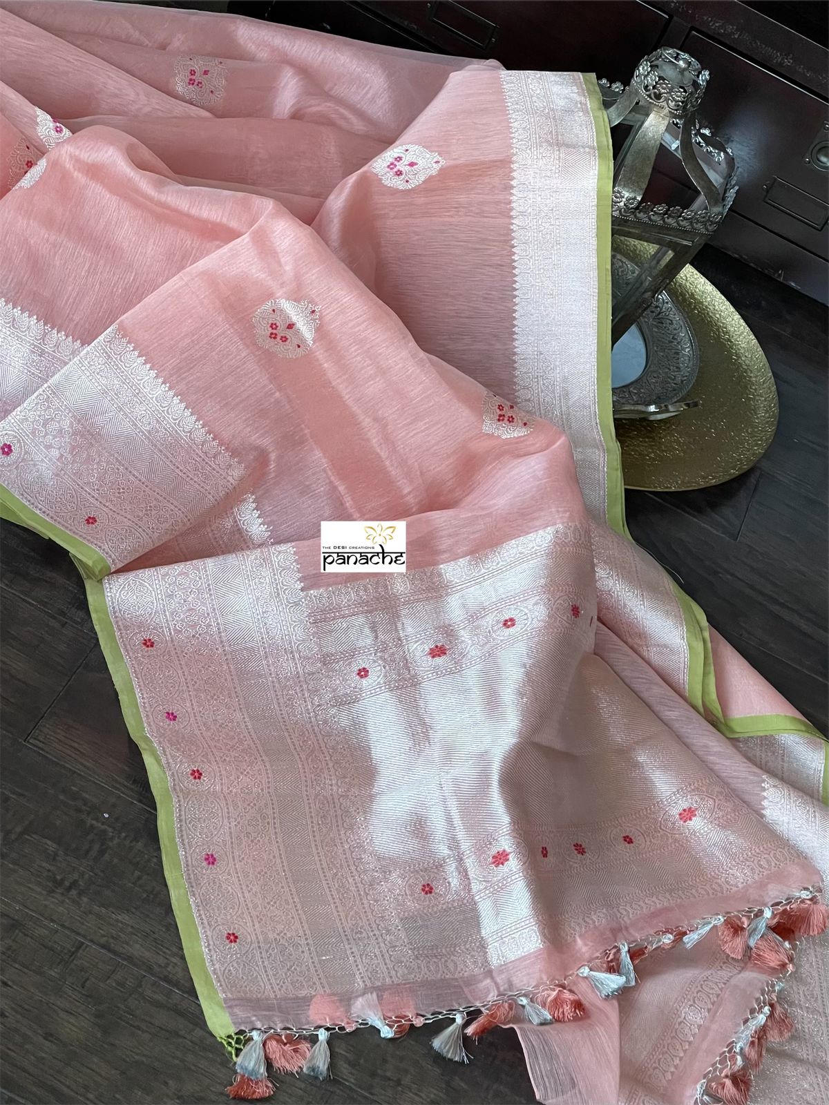 Linen Silk Banarasi - Peach Pink Green