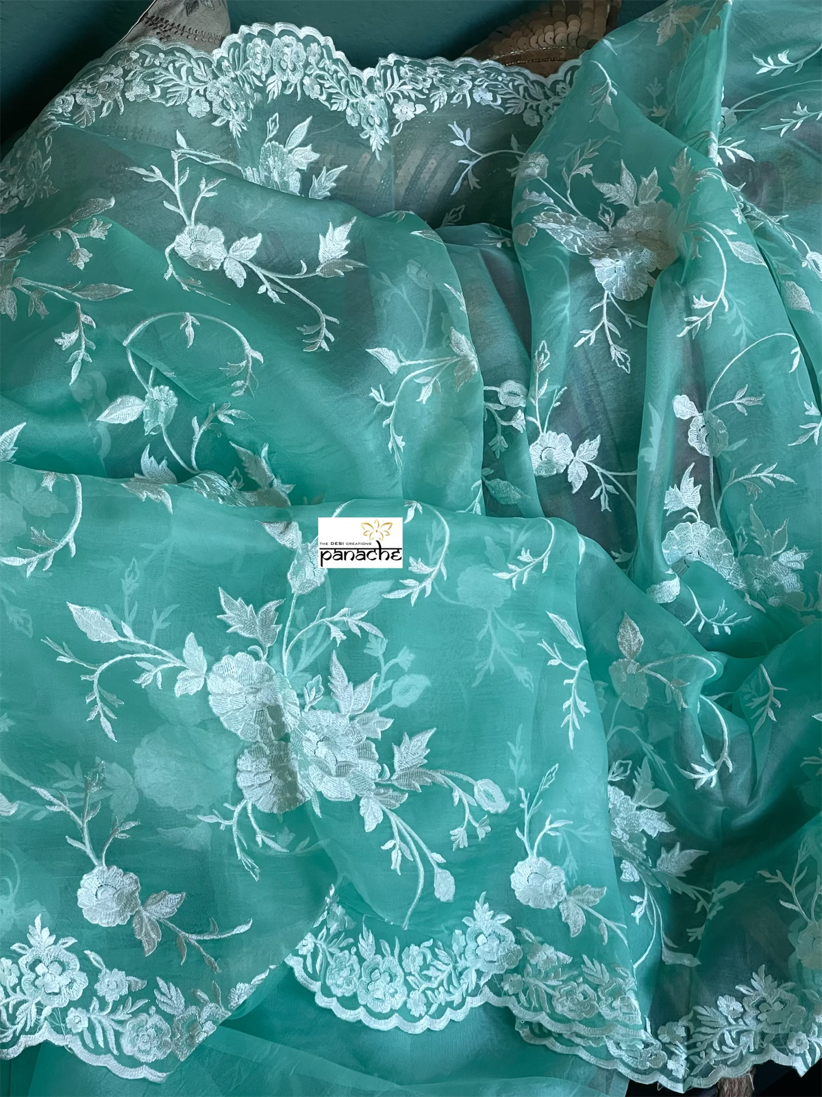 Designer Organza - Sea-Green Embroidered