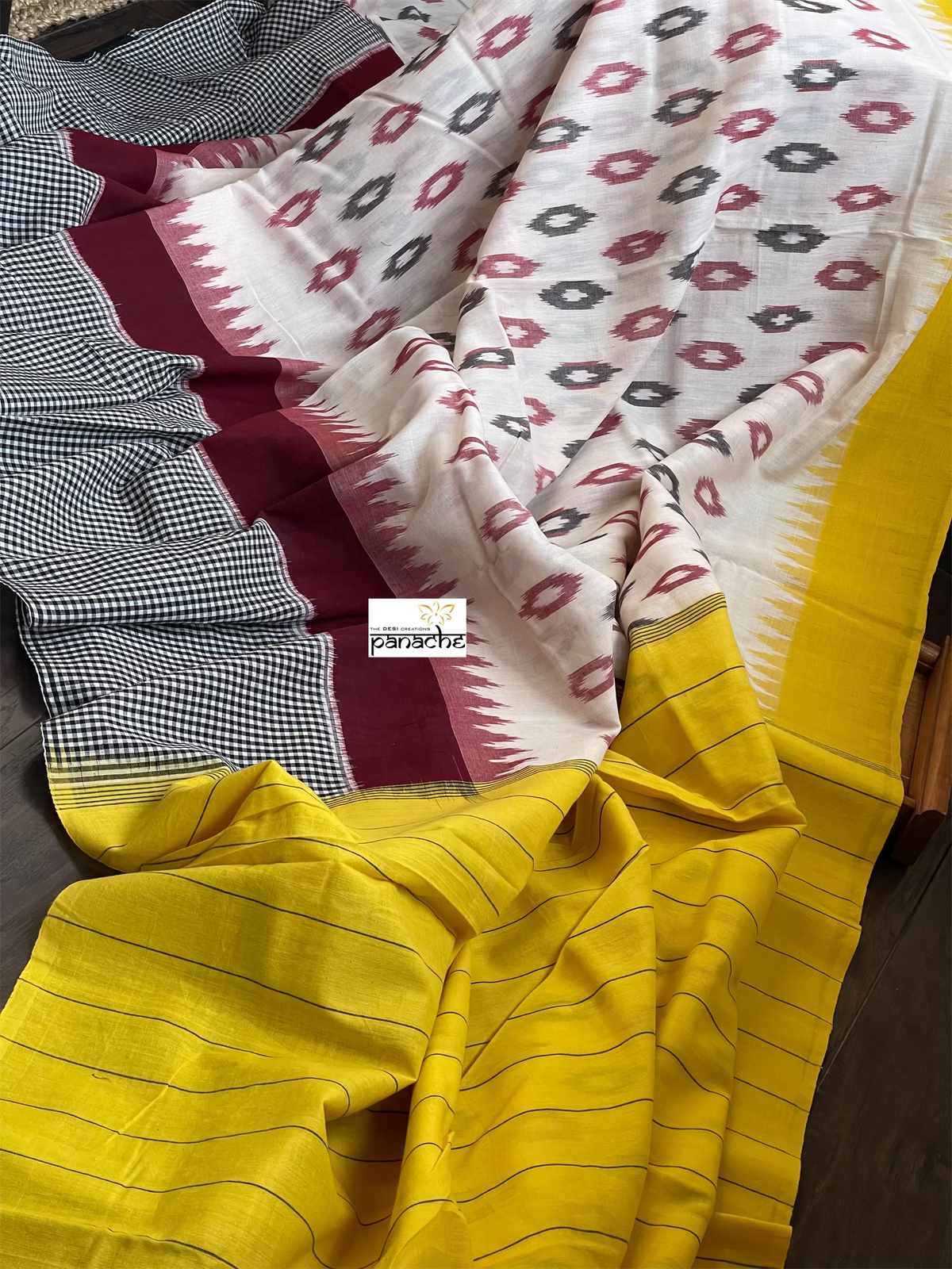 Pure Cotton Ikat  -  Off White Yellow Black