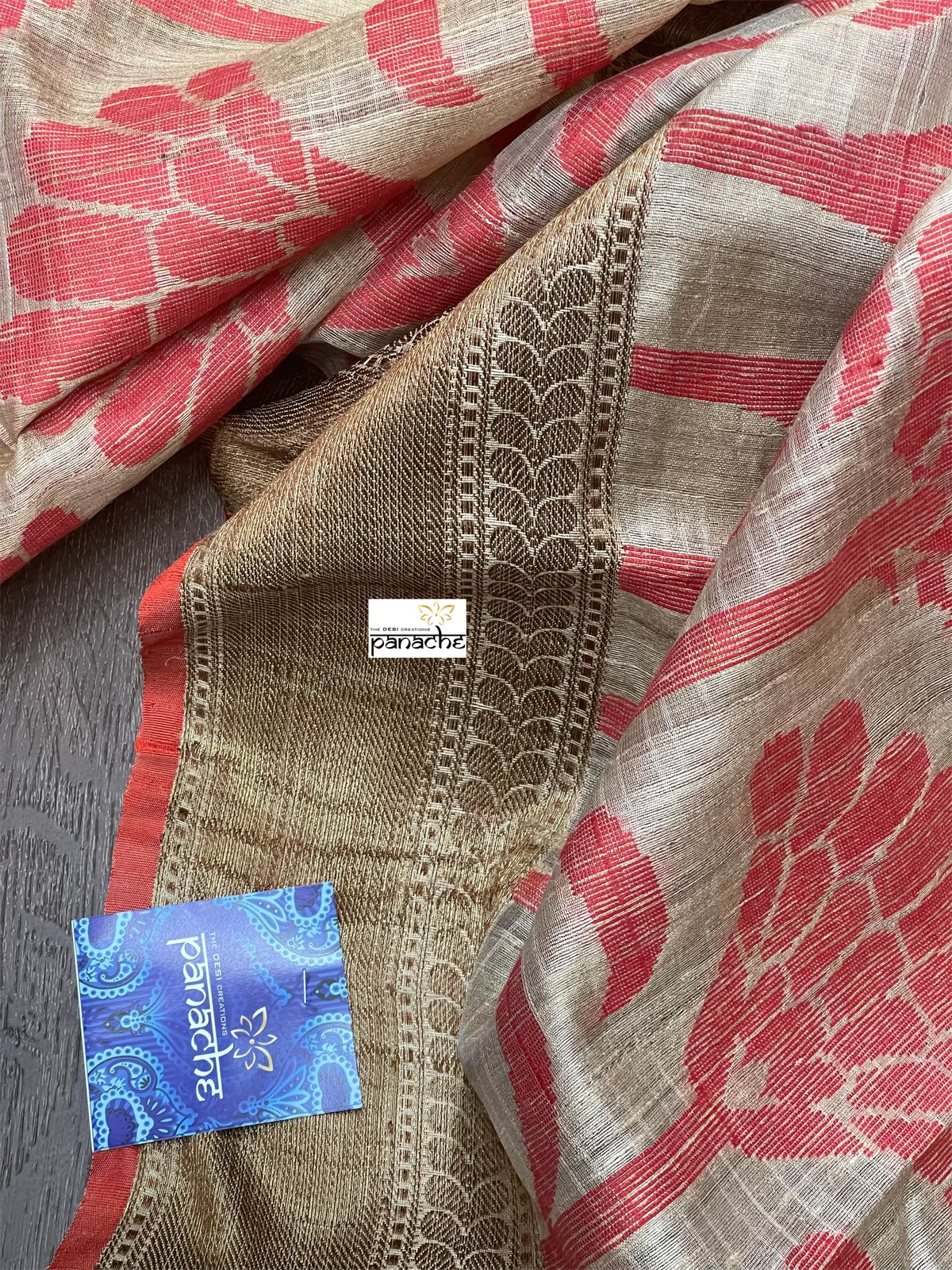 Tussar Silk Banarasi - Beige Red Antique Zari
