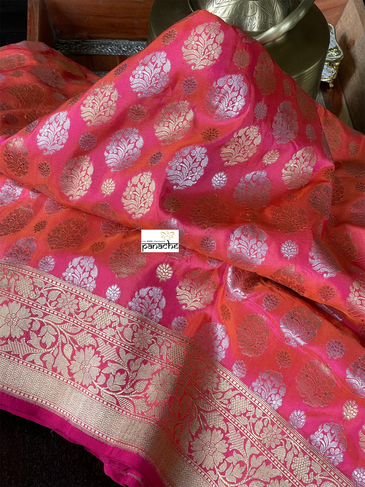 Pure Silk Banarasi - Pink Orange Dual shaded Antique Zari
