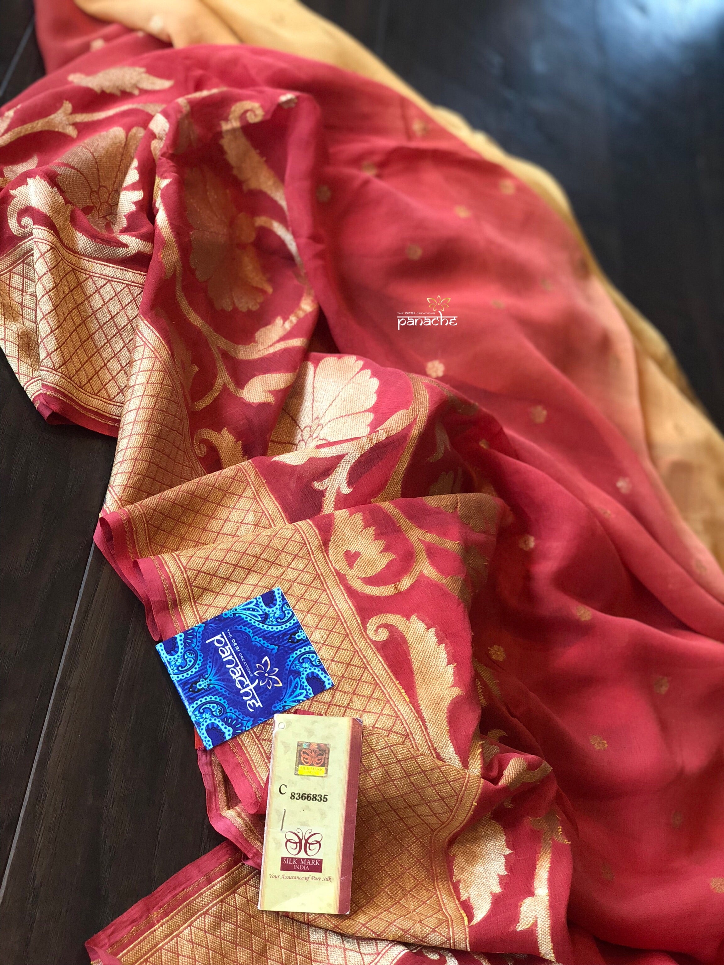 Khaddi Georgette Banarasi - Peach Occur Yellow Shaded