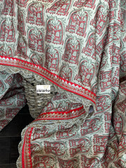 Designer Soft Silk - Beige Red Figurines Printed